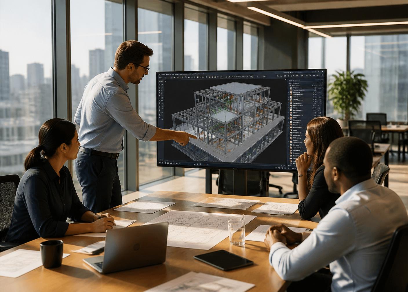 BIM team collaborating around a 3D model